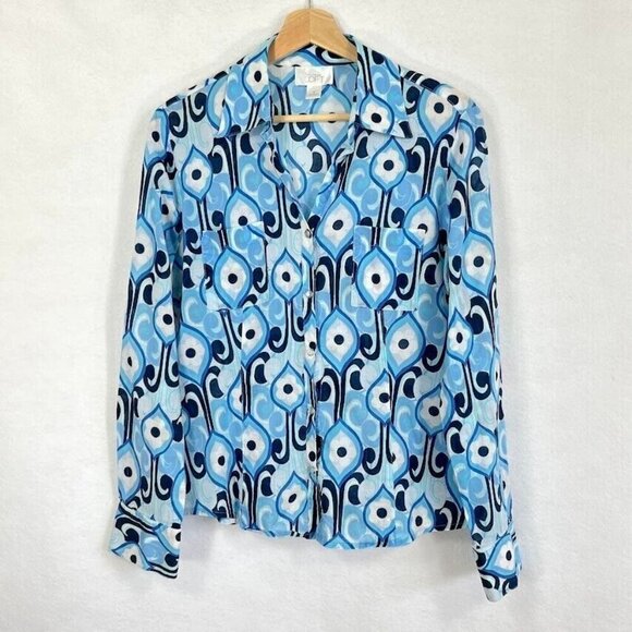 Ann Taylor Snap Front Shirt Long Sleeve Floral 70s Retro Lightweight V-Neck 8 - Picture 1 of 5